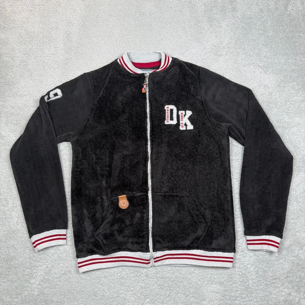 Dubrovnik Old Denim Mens Fleece Varsity Bomber Jacket Black Full Zip Size L